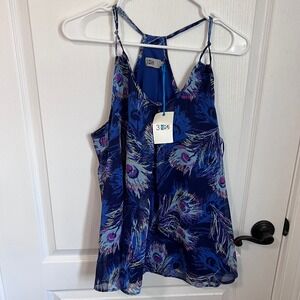 Three Eighty Two Peacock Feather Racerback Tank Top Blue Purple Size Large NWT